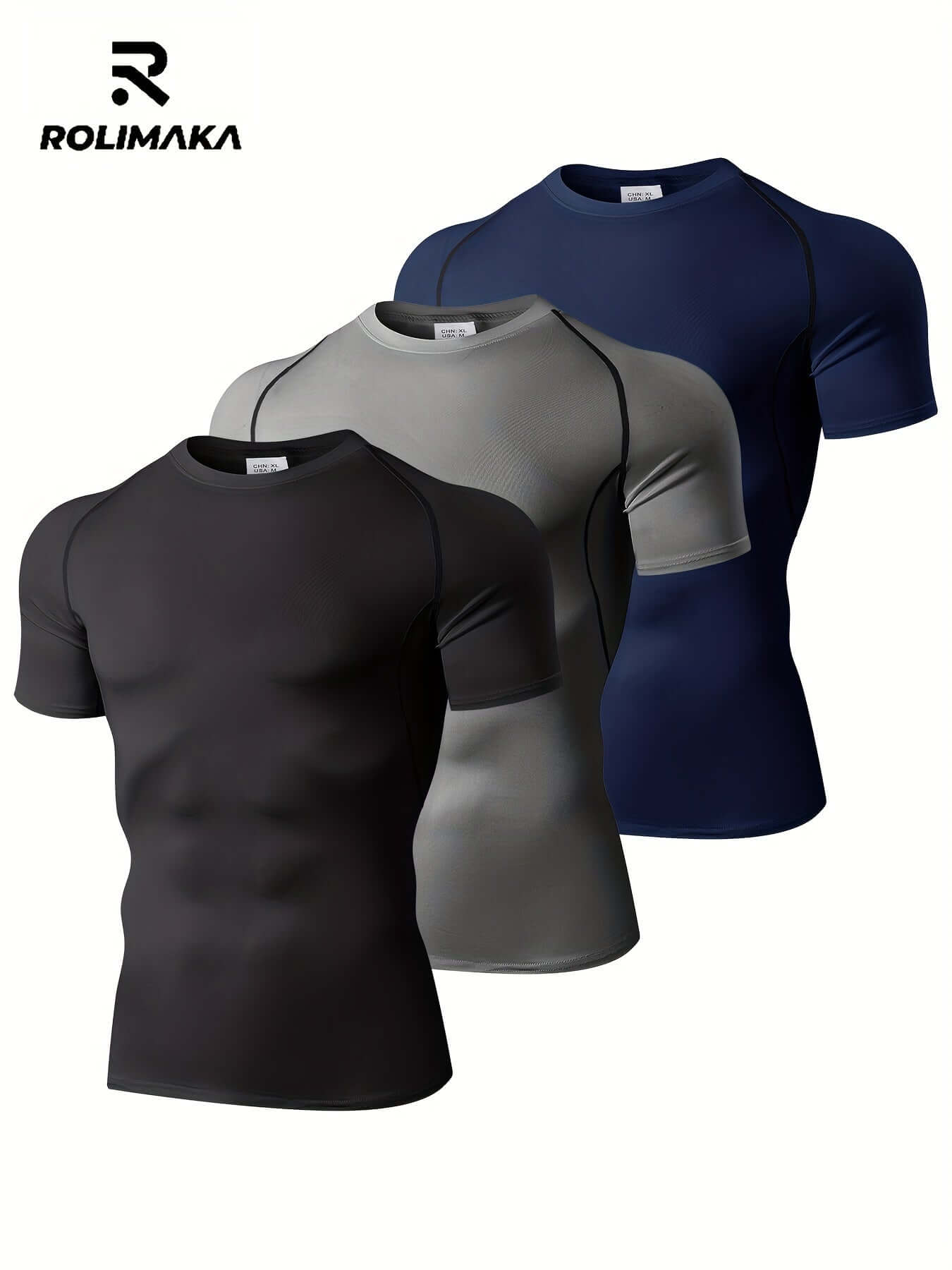 Men's compression workout t-shirt set in black, grey, and navy for outdoor sports and active performance.