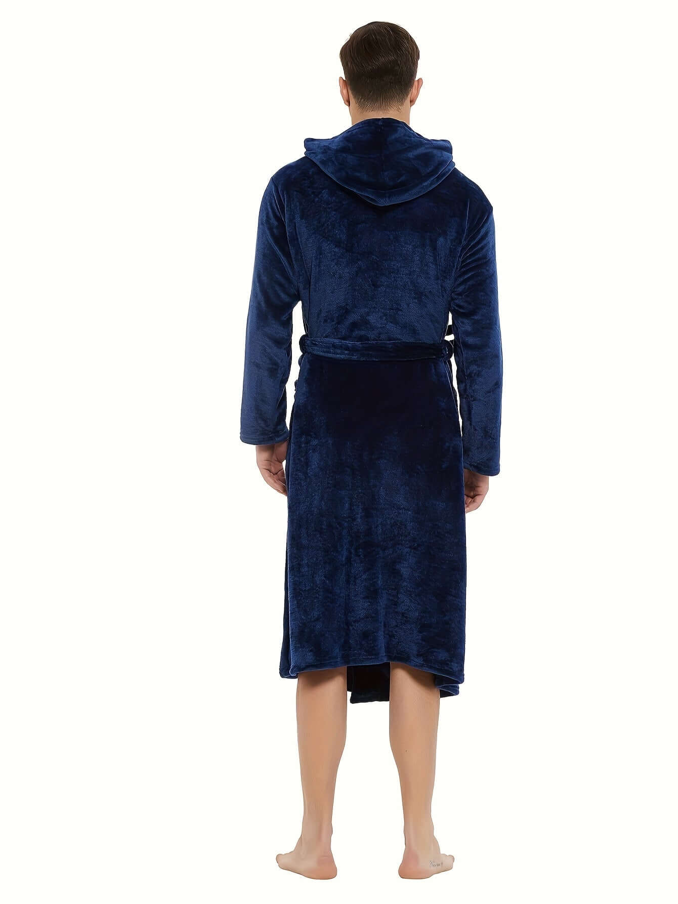 Back view of a man wearing a cozy hooded navy robe for trendy and warm lounge wear.