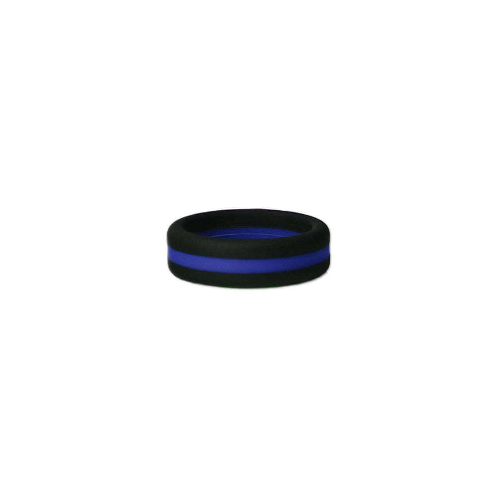 Black and blue stripe silicone ring, durable and allergy-free, perfect for an active lifestyle and adventure.