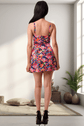 Back view of the Rita Floral Ribbed Dress, a sleeveless A-line mini dress with a colorful floral pattern.
