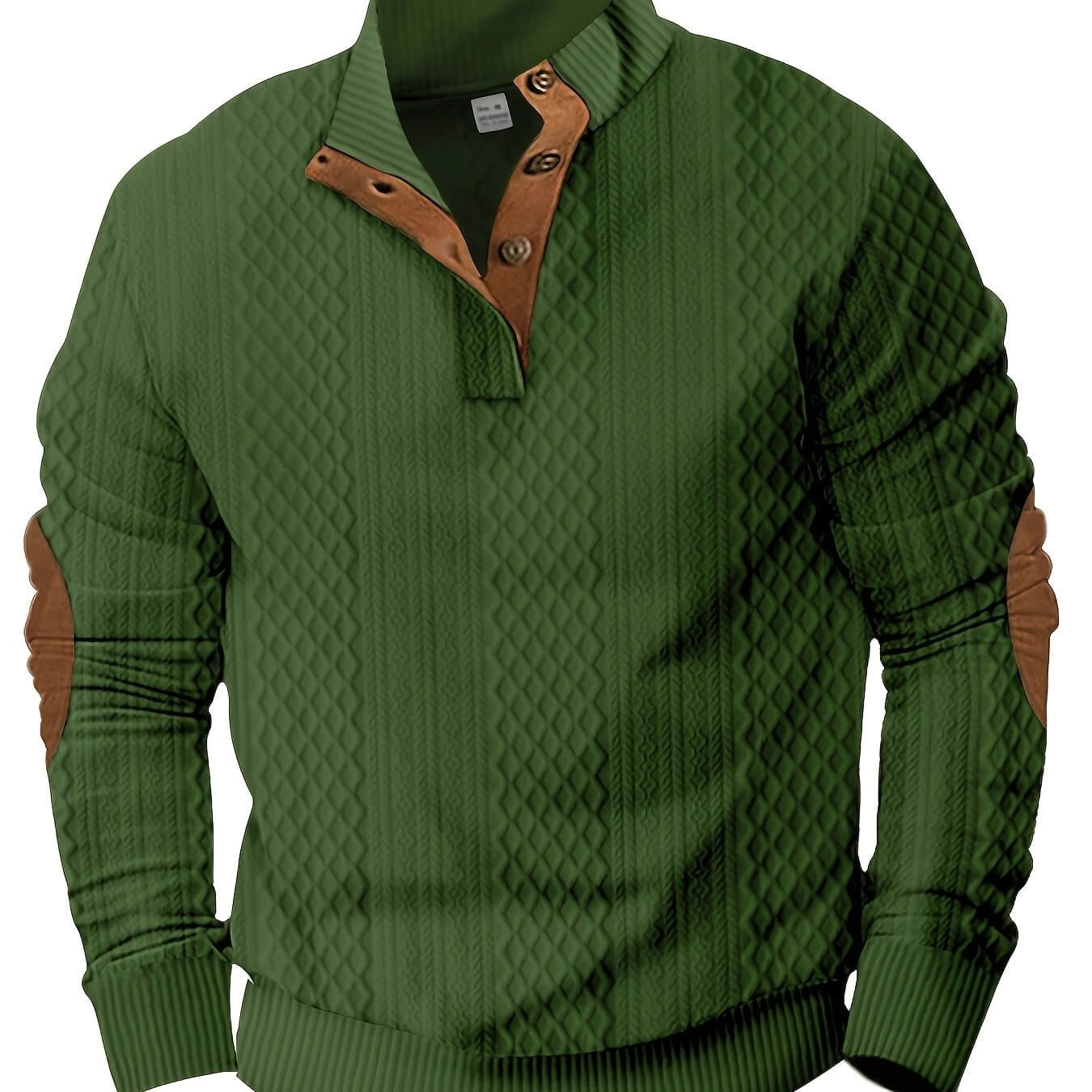 Stylish green knitted shirt for men with brown details, perfect for casual spring and fall outfits.