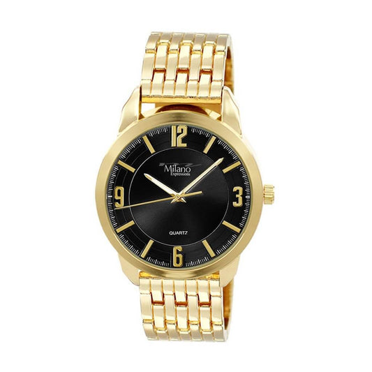 Milano Expressions gold metal band watch with black dial, analog movement, stylish and elegant timepiece.