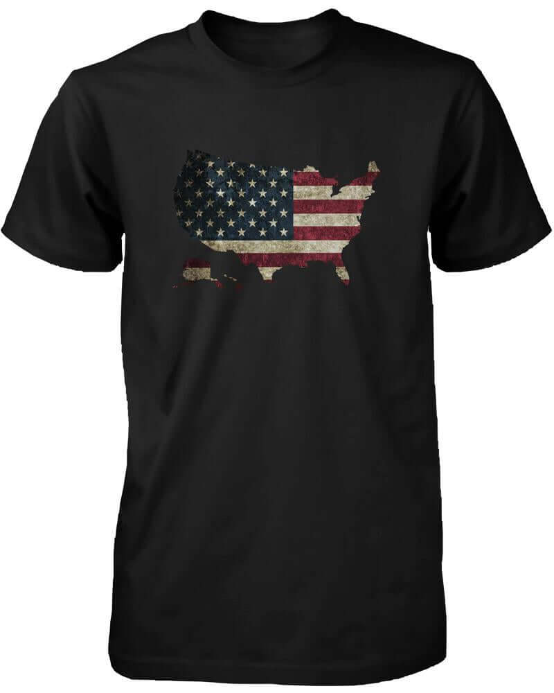 Men's black t-shirt featuring a vintage US map design with the American flag.