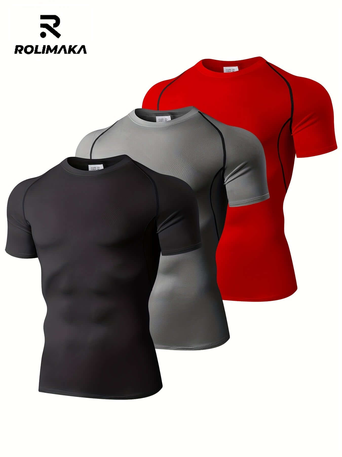 Men's compression workout t-shirt set in black, grey, and red for outdoor sports and exercise.