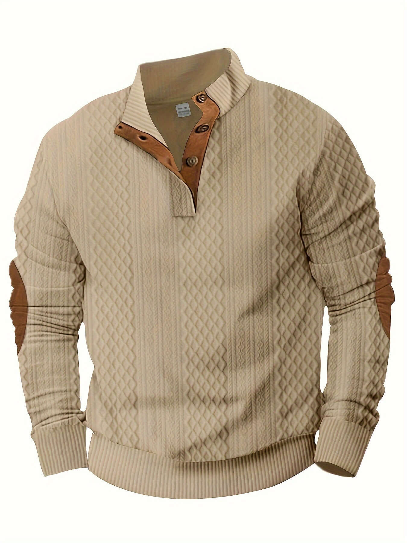 Men's beige knitted shirt with diamond pattern and brown elbow patches, perfect for stylish spring and fall outfits.