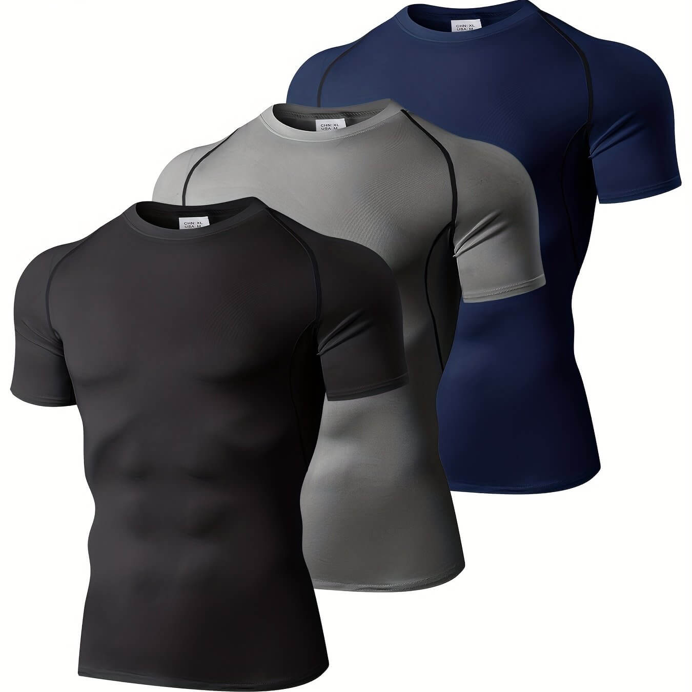 Men's compression workout t-shirt set in black, grey, and navy for outdoor sports and maximum performance.