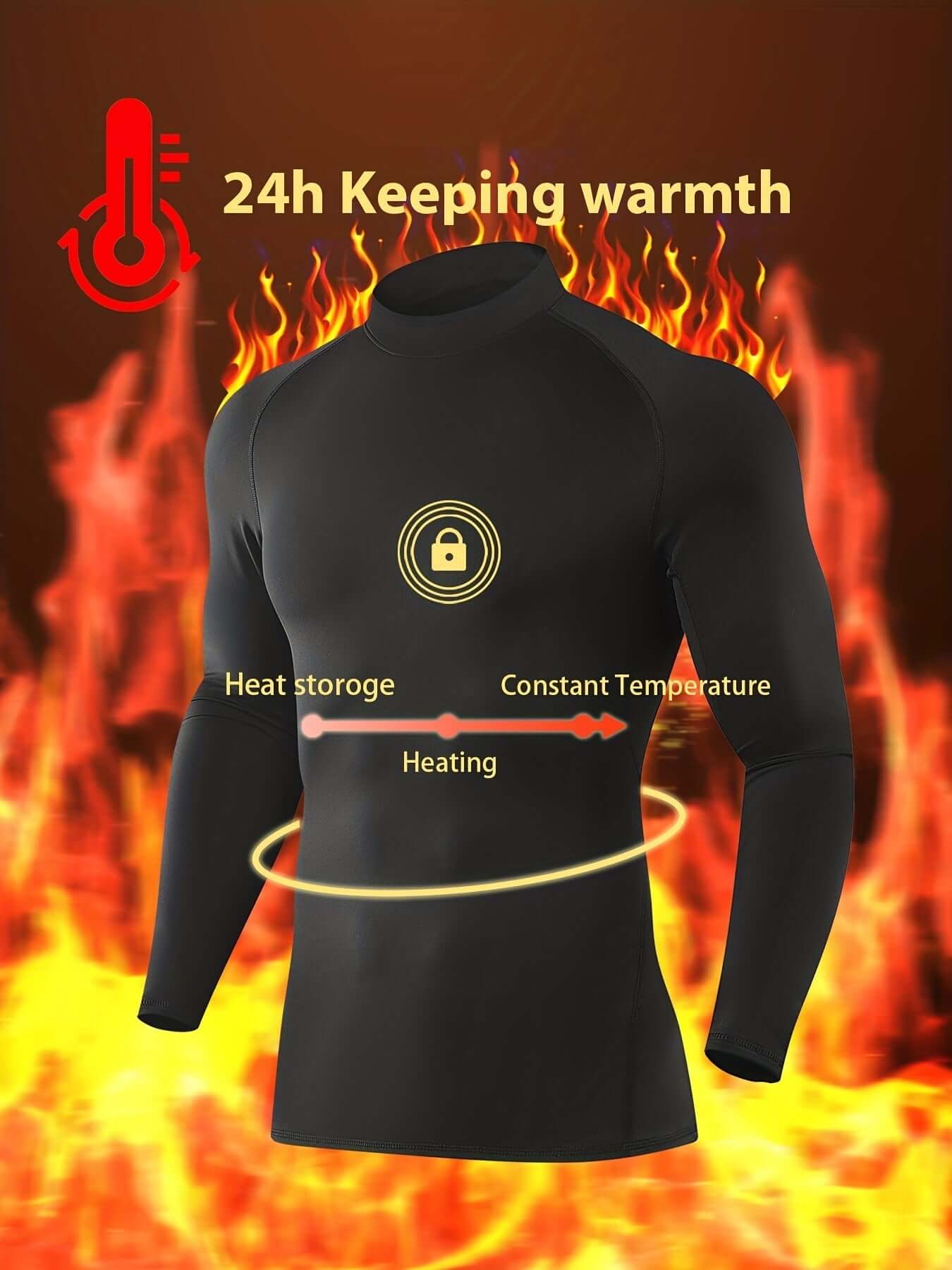 Men's thermal compression shirt designed to keep warmth for 24 hours, featuring heat storage and constant temperature technology.