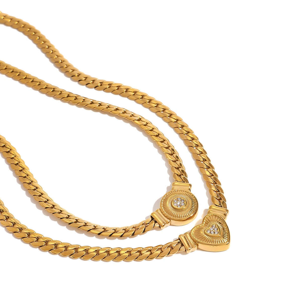 18K gold-plated necklace with heart-shaped and round diamond-studded pendants, showcasing elegance and luxury.