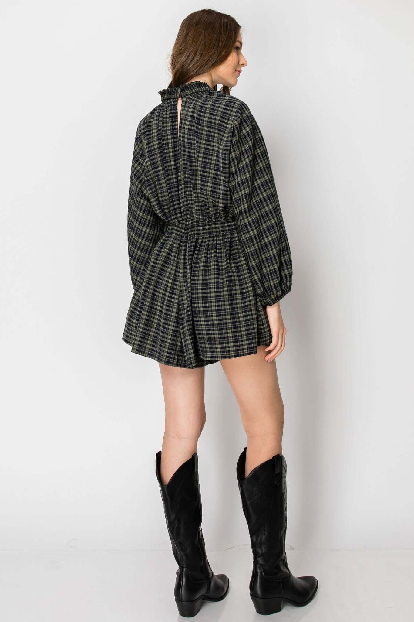 Back view of Dolman Sleeve Plaid Smocked V-neck Romper with pockets, featuring balloon sleeves and a casual look.