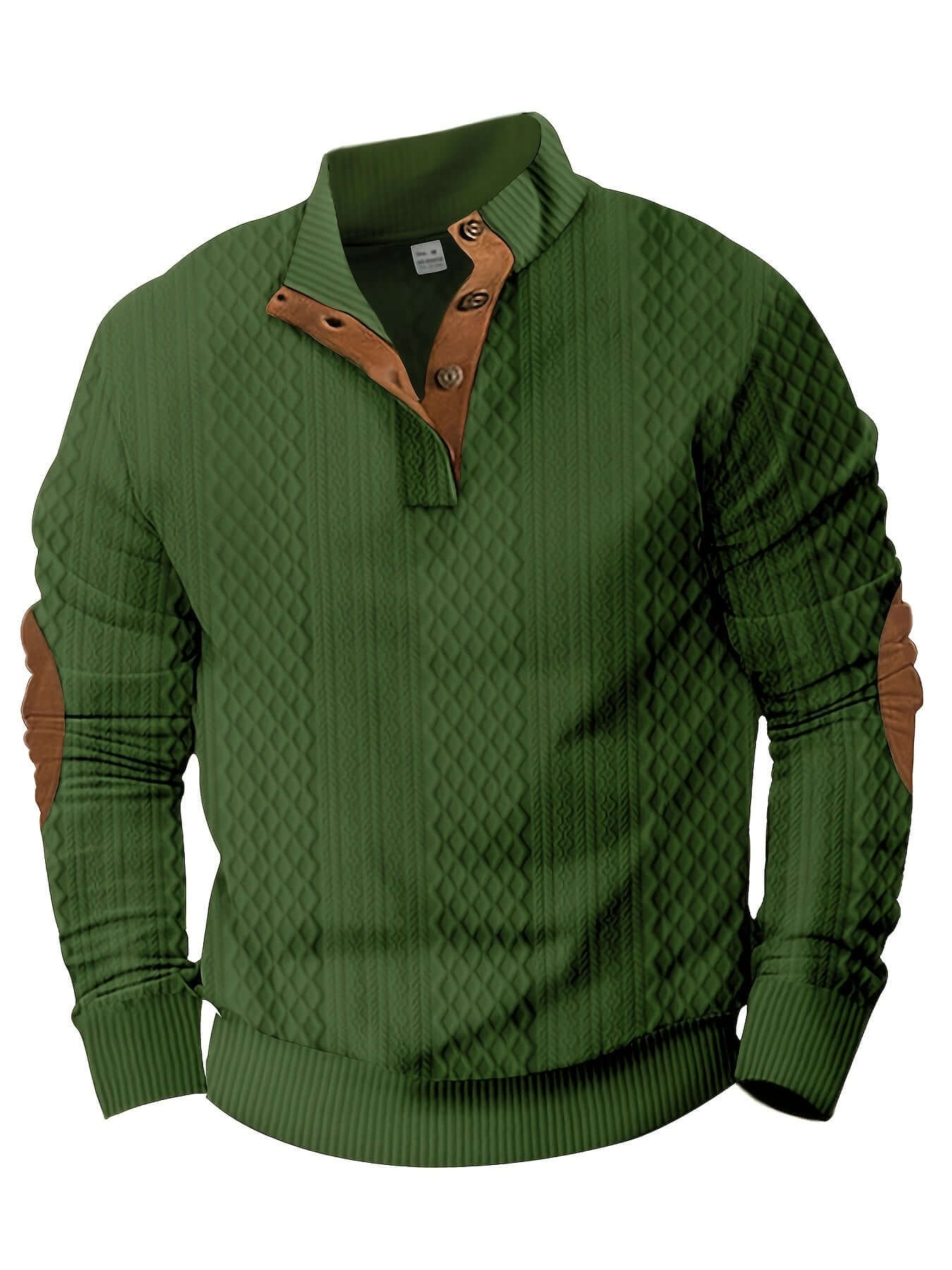 Color block green men's knitted shirt with brown elbow patches, perfect for stylish spring and fall outfits.