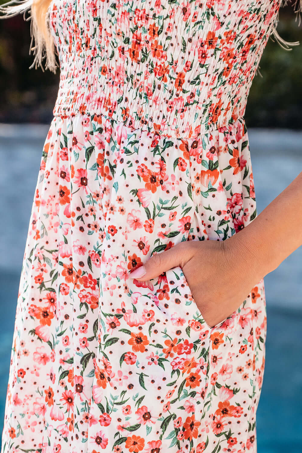 Close-up of the Georgina Boho Floral Smocked Ruffled Maxi Dress showcasing floral print and self-tie straps.