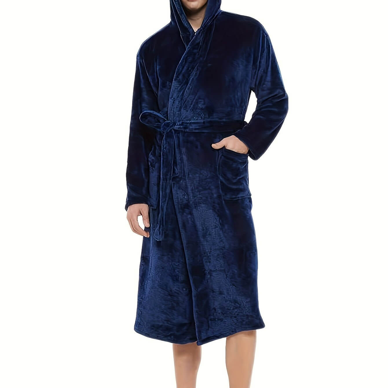 Men's cozy hooded robe in navy, made of soft coral fleece, perfect for warm and comfy lounge wear.