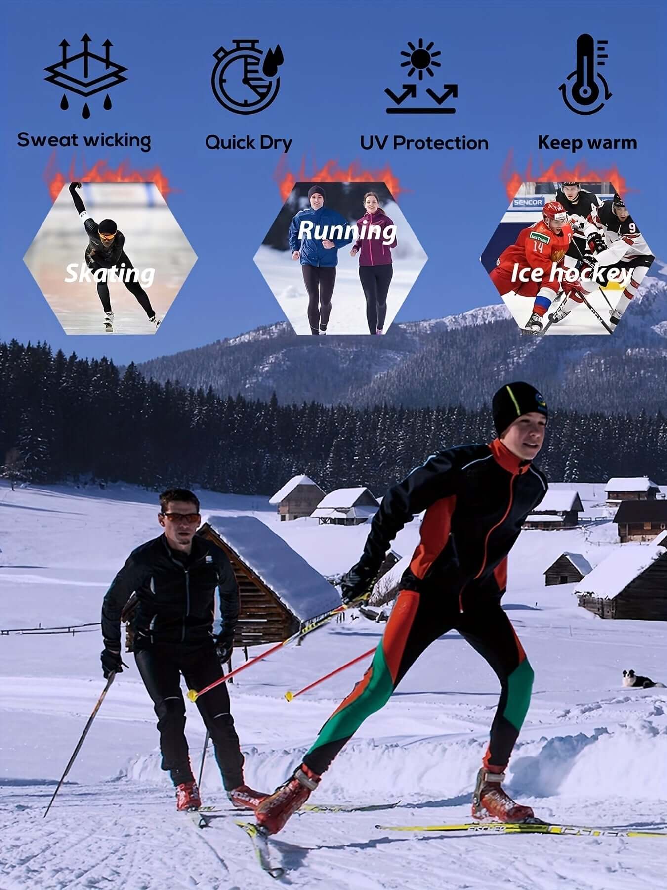 Men in athletic thermal gear skiing in snow; features include sweat wicking, quick dry, UV protection.