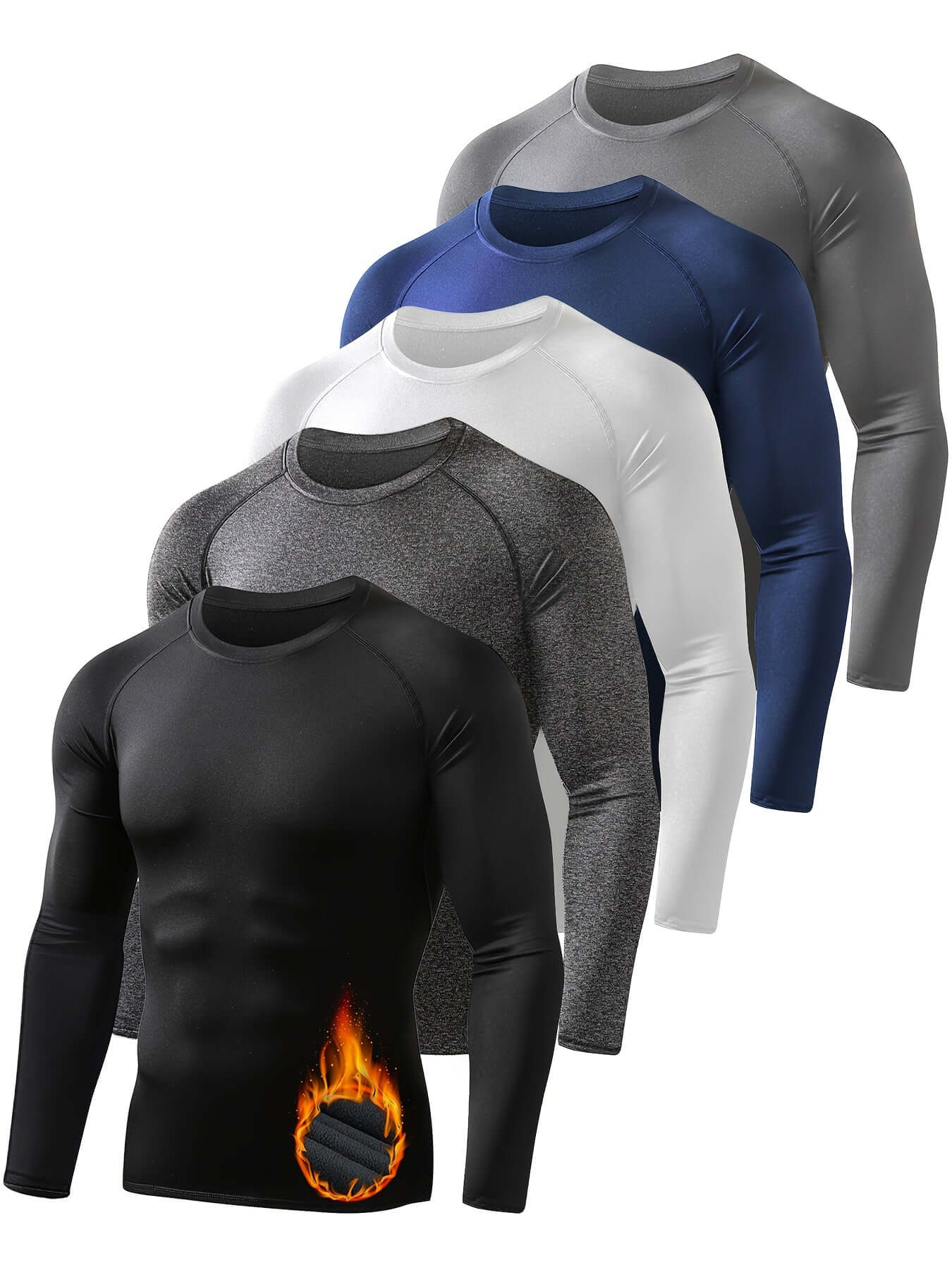 5 pack men's thermal compression long sleeve athletic shirts in various solid colors.