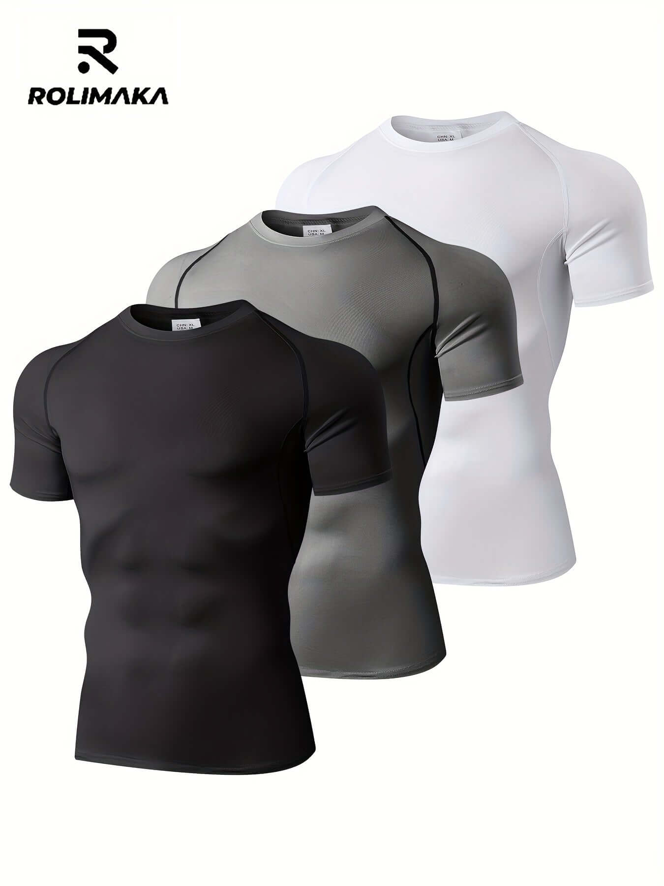 Men's compression workout t-shirt set in black, gray, and white for outdoor sports and fitness activities.