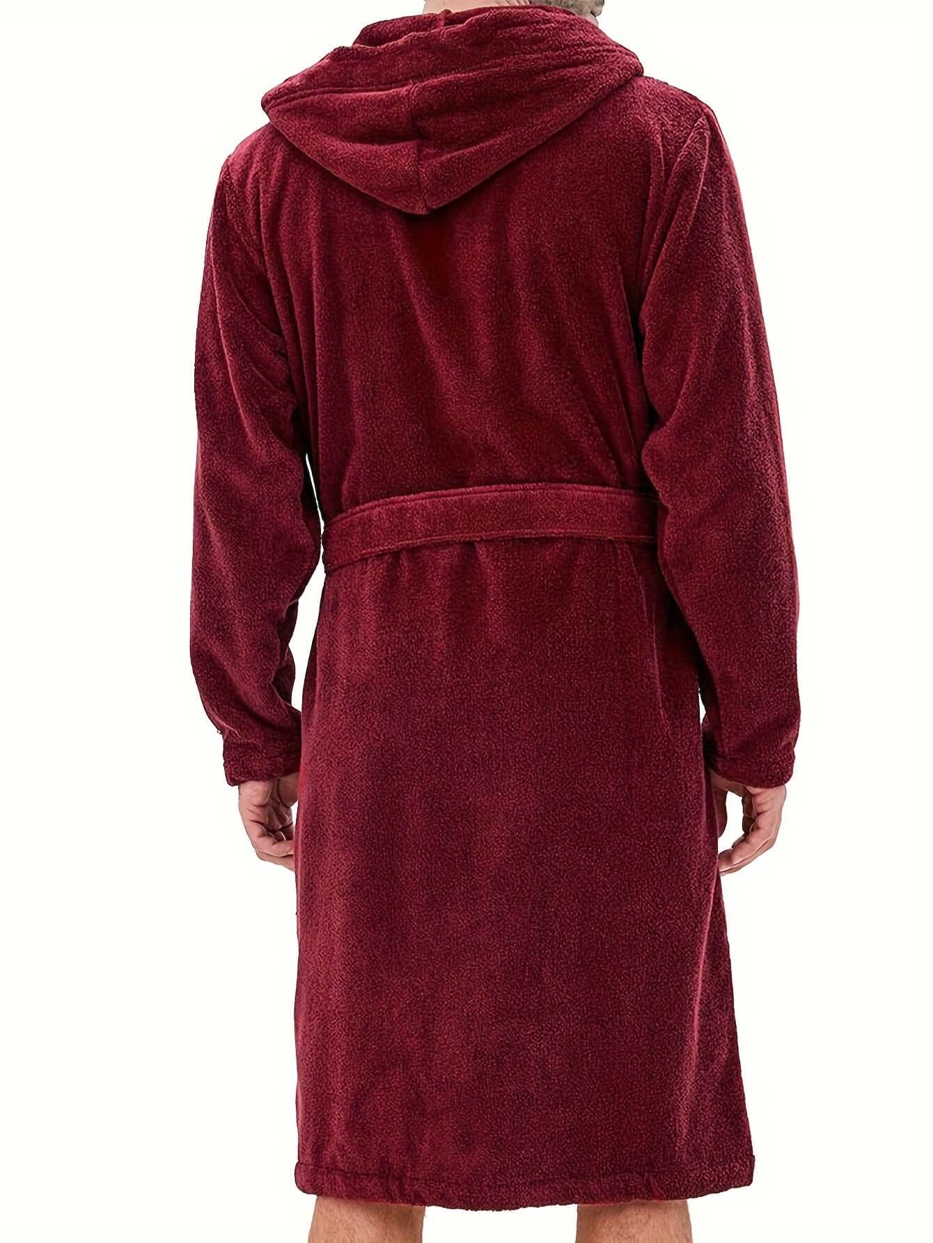 Back view of a man wearing a cozy burgundy hooded robe, perfect for warm and comfortable lounge wear.