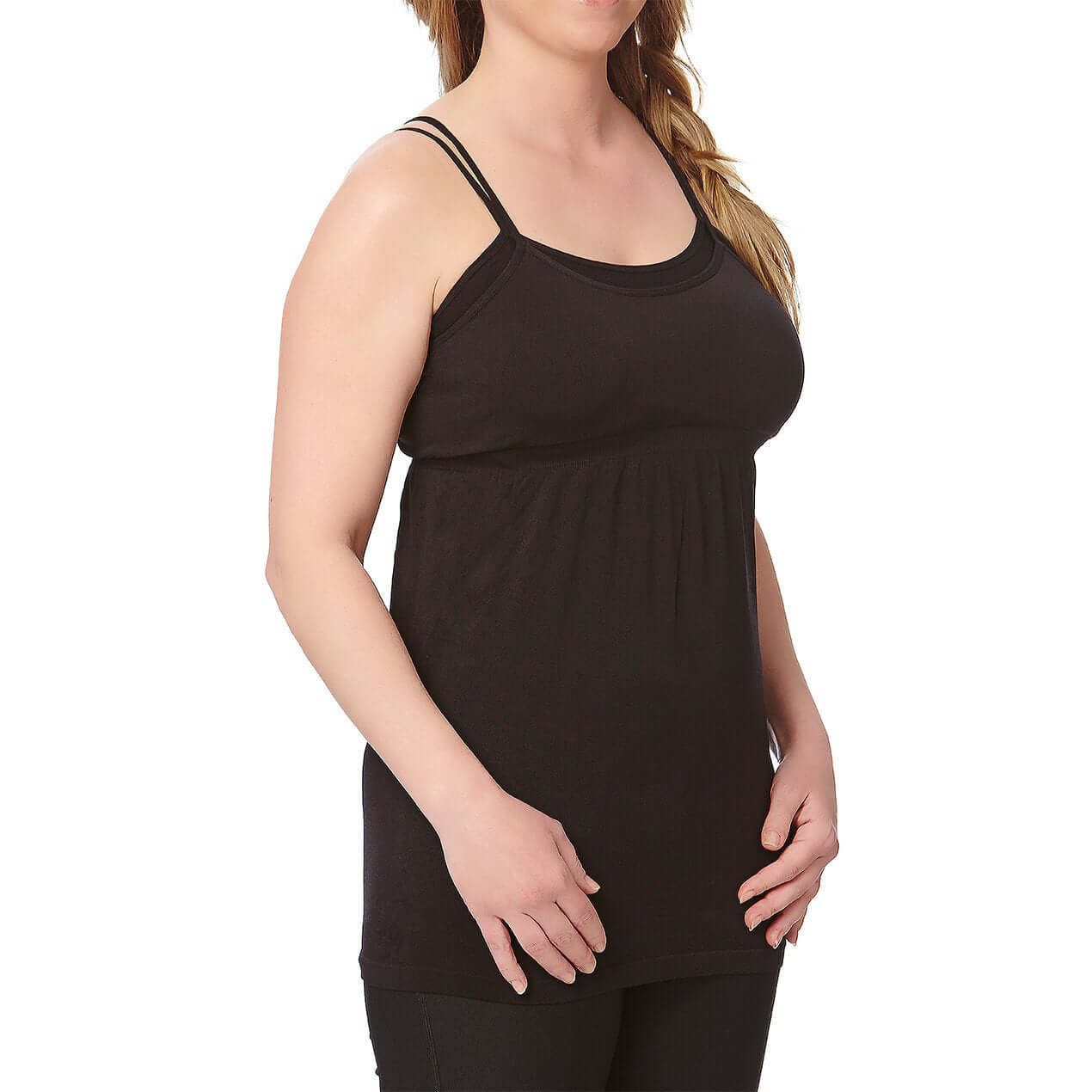 Comfortable seamless nursing camisole in black with removable pads and adjustable straps for easy nursing.