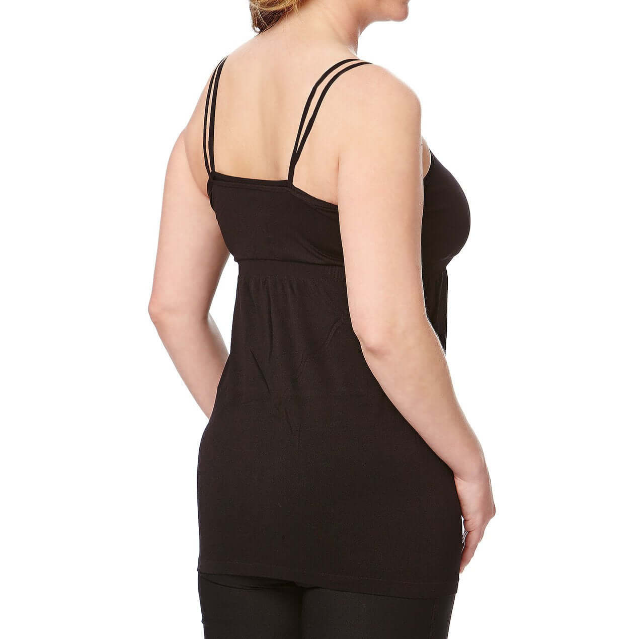 Woman wearing a black seamless nursing camisole with double straps, showing the back design for comfort and support.