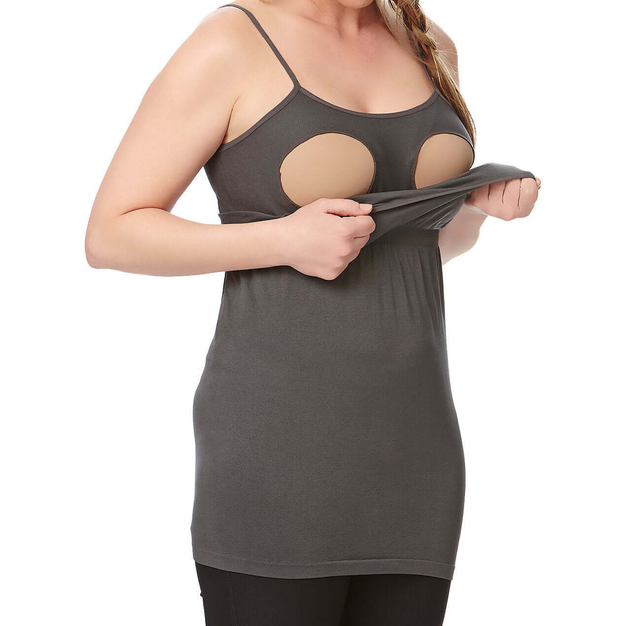 Model wearing a comfortable seamless nursing camisole in grey, lifting it for easy nursing access.