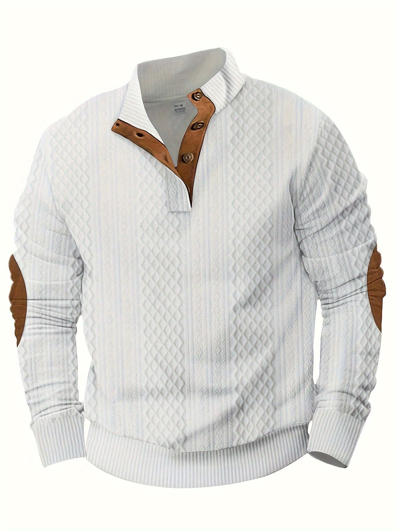 Stylish white knitted men's shirt with brown elbow patches and buttoned collar, perfect for spring and fall fashion.