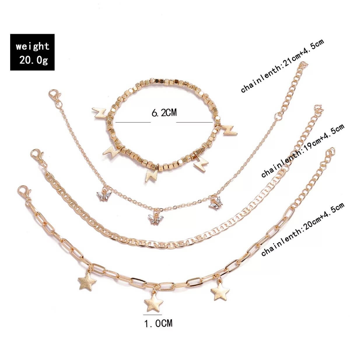 Trendy Player Anklet Set with four stylish gold plated anklets. Adjustable sizes, perfect for layering or individual wear.