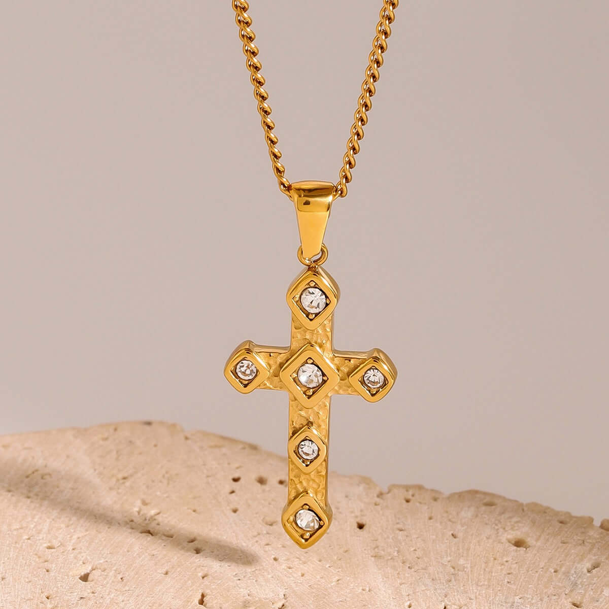 18K gold-plated cross pendant necklace with diamond inlay, showcasing luxury and elegance.