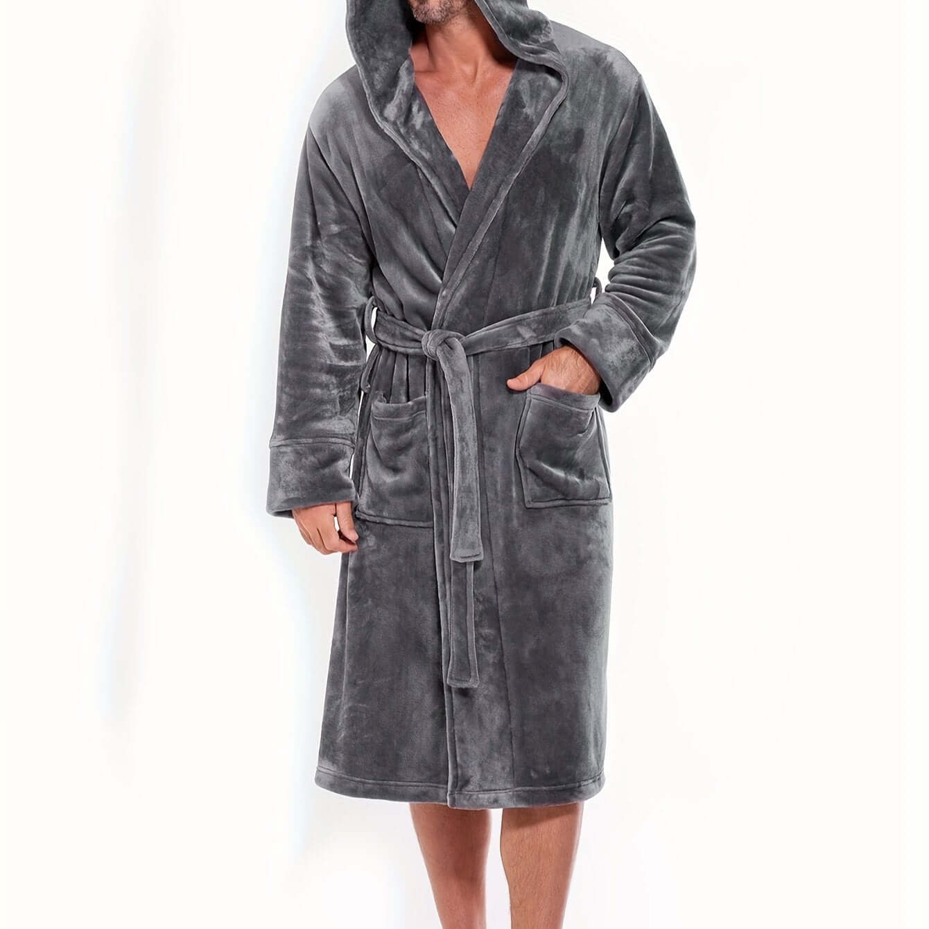 Men's cozy hooded robe in gray, perfect for warm and comfy lounge wear.