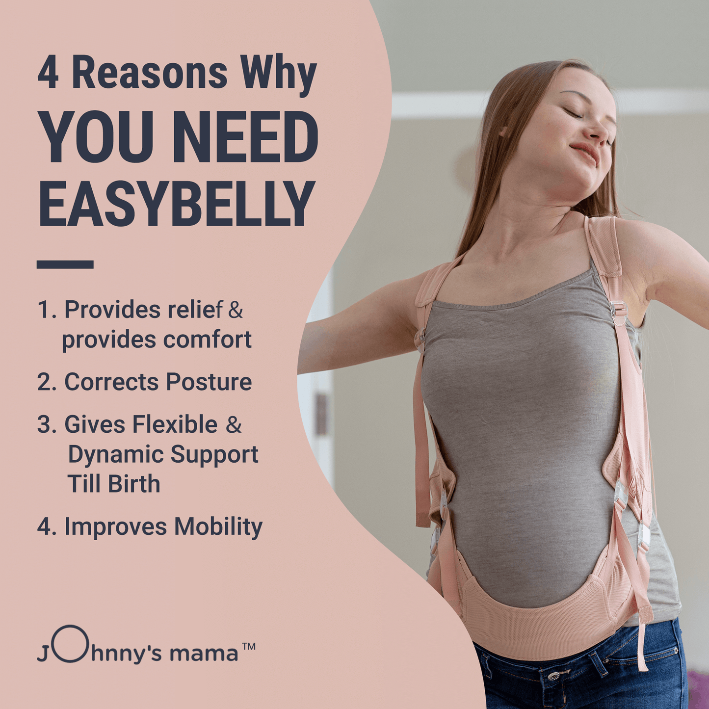 A pregnant woman using EasyBelly maternity support garment, showcasing comfort, posture correction, and mobility.