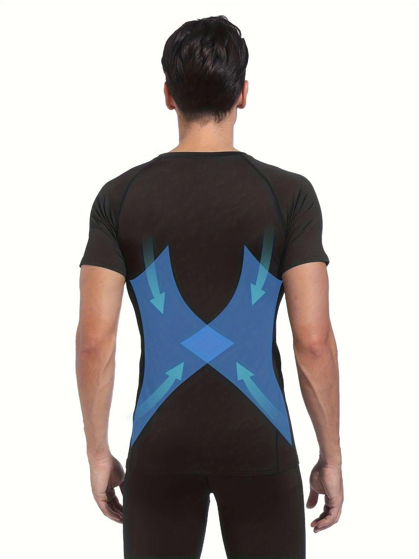 Back view of men's compression workout t-shirt with cooling arrows, designed for outdoor sports and peak performance.