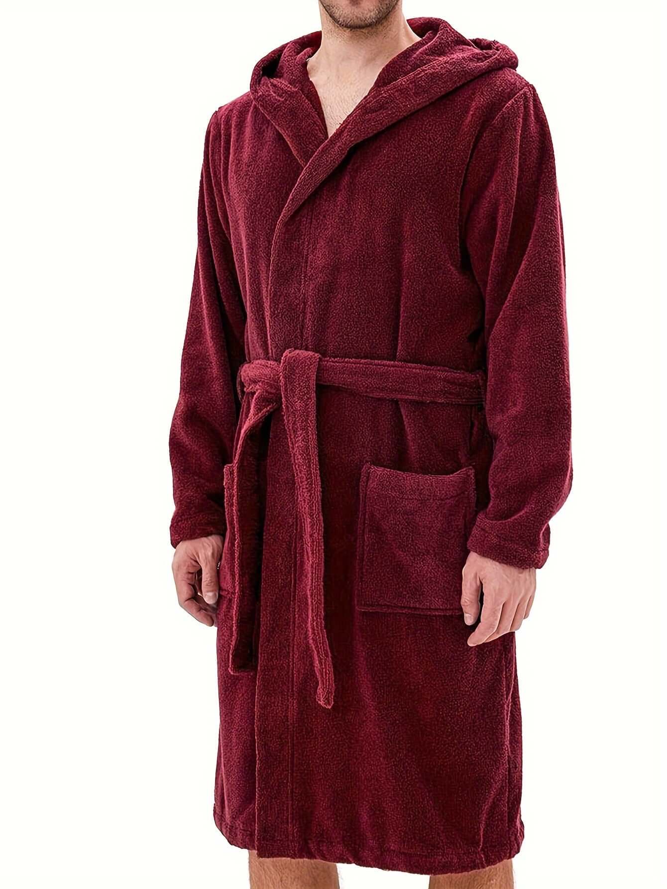 Men's cozy hooded robe in burgundy, perfect for warm and comfy lounging at home.