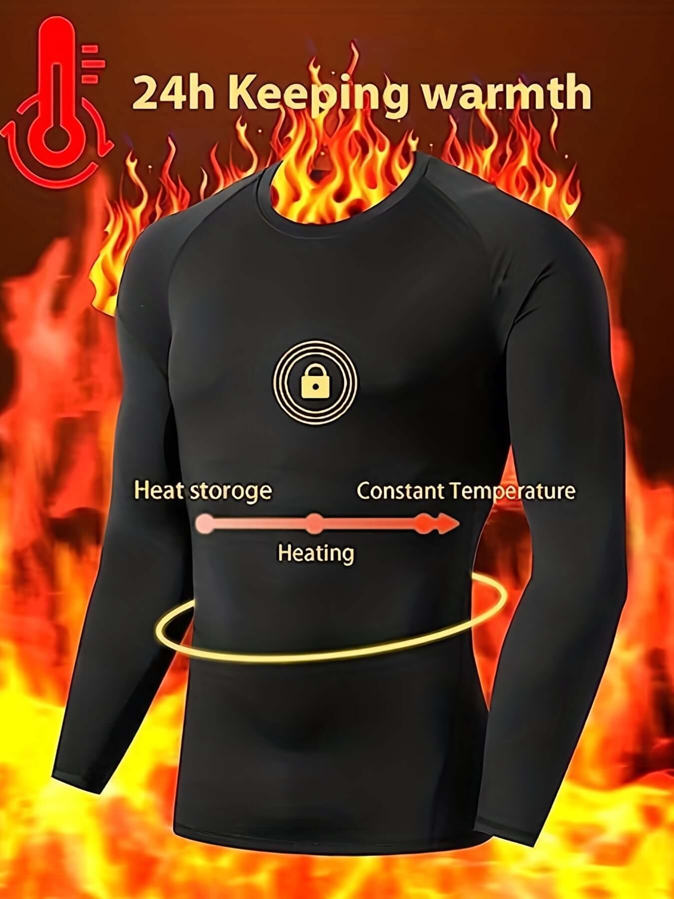 Men's thermal compression long sleeve shirt designed to keep warmth for 24 hours, featuring heat storage technology.