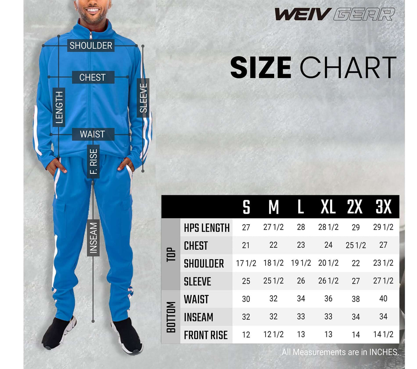 Size chart for WEAV Gear Two Stripe Cargo Track Pant and jacket including measurements in inches.