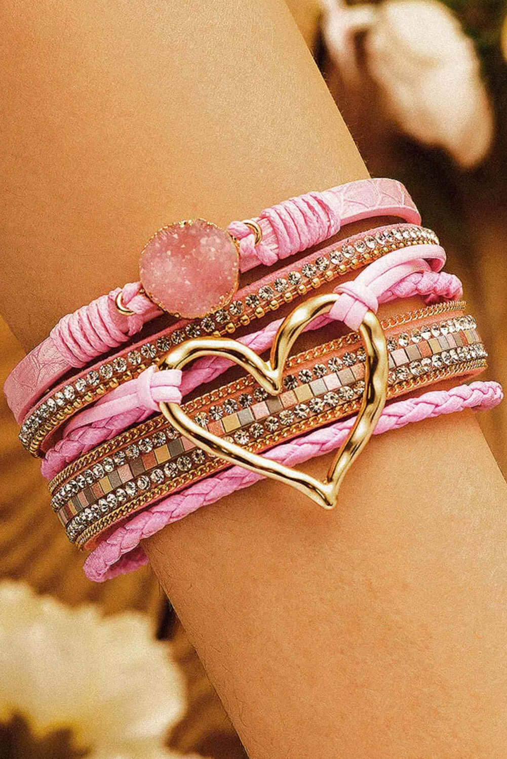 Bohemian Heart Rhinestone Magnetic Buckle Bracelet with pink PU leather bands and heart accent.