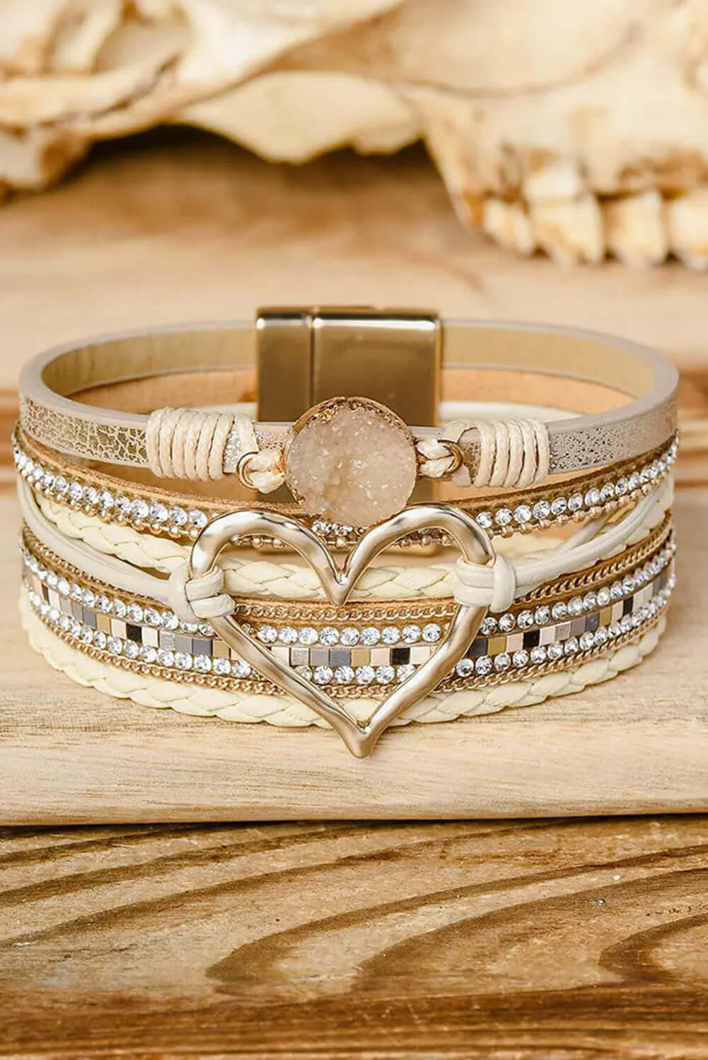 Bohemian Heart Rhinestone Magnetic Buckle Bracelet featuring layered PU leather and rhinestones, perfect for modern women.