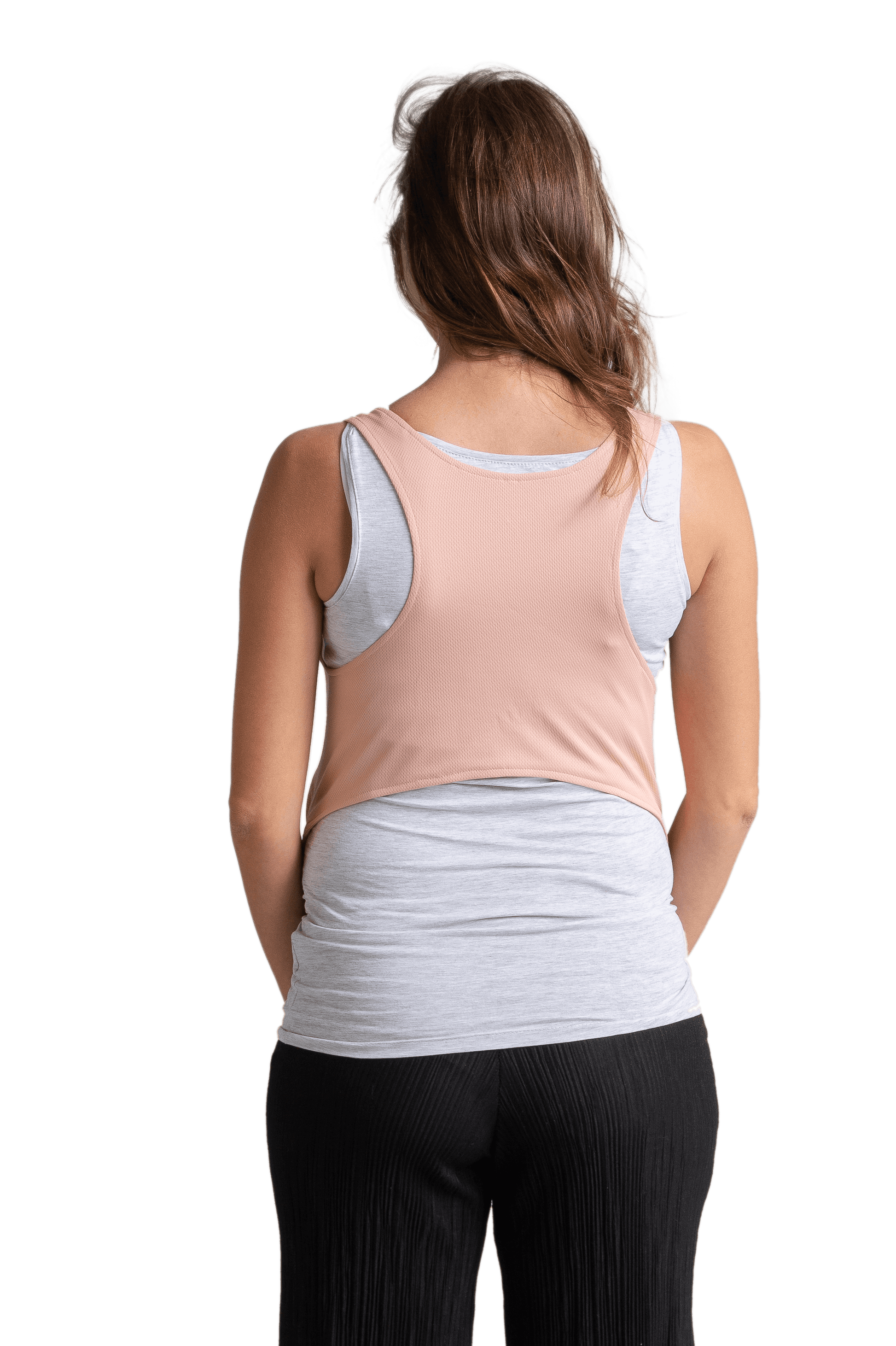 Woman wearing EasyBelly maternity belly support garment, showing back view, designed for comfort and support during pregnancy.