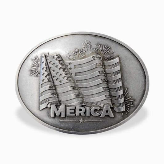 'Merica Belt Buckle featuring waving American flags and festive design, perfect for holding beverages on any belt.