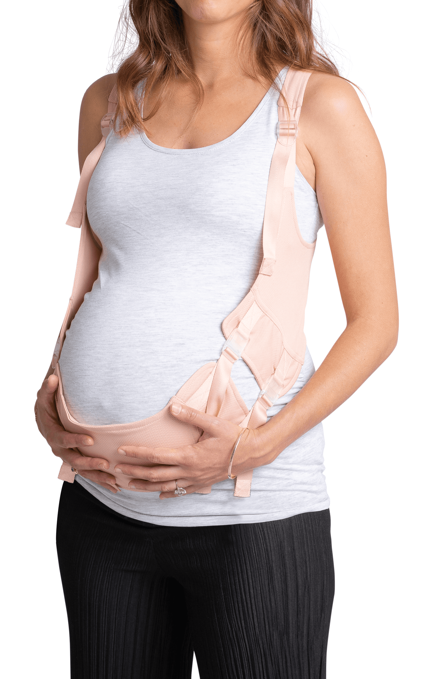 Woman wearing EasyBelly maternity belly support garment, showcasing comfort and posture enhancement during pregnancy.