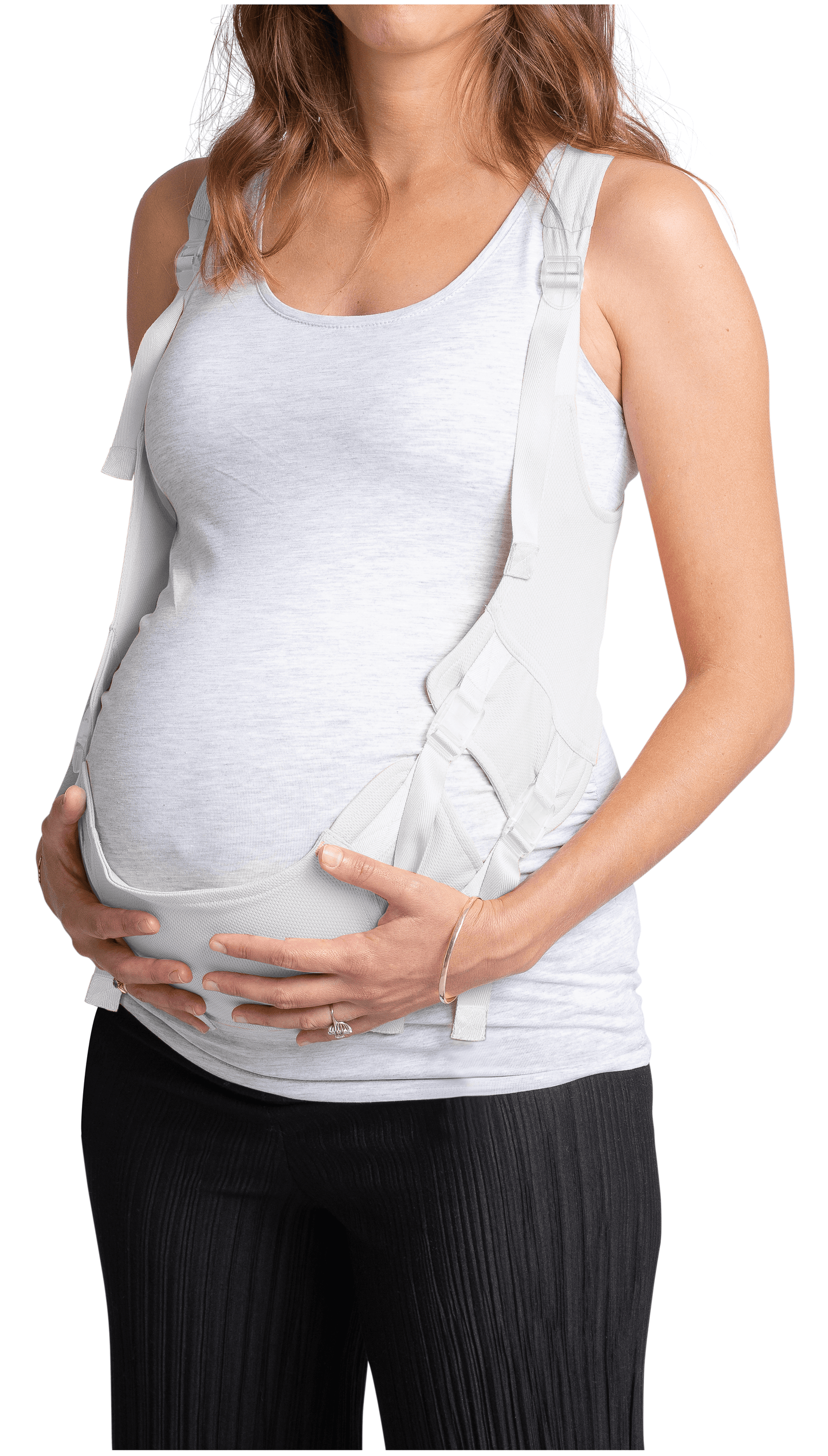 Woman wearing EasyBelly maternity belly support garment, providing comfort and posture support during pregnancy.