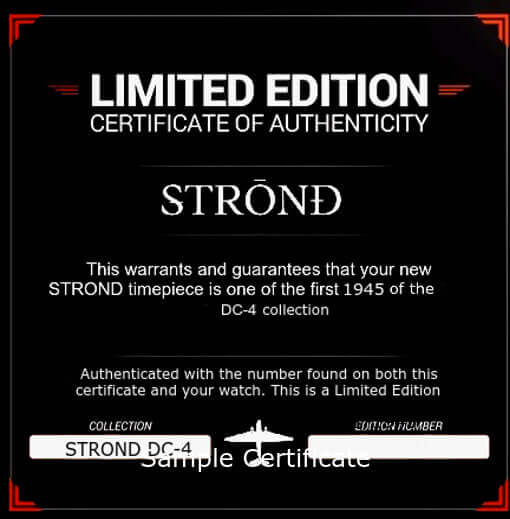 Limited edition certificate of authenticity for STROND DC-4 vintage automatic watch, confirming authenticity and number.