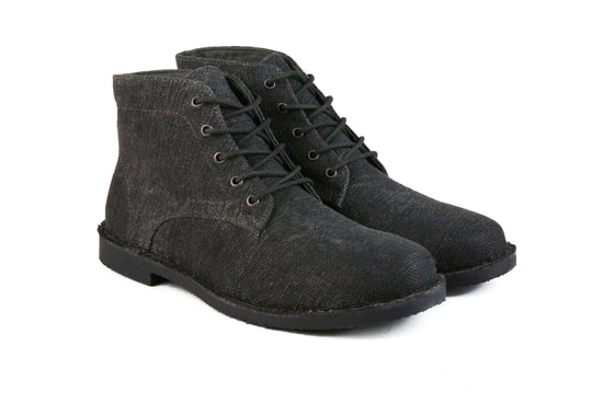 The Grover Vegan charcoal boots in burnished canvas with soft cotton lining, stylish and lightweight for versatile wear.