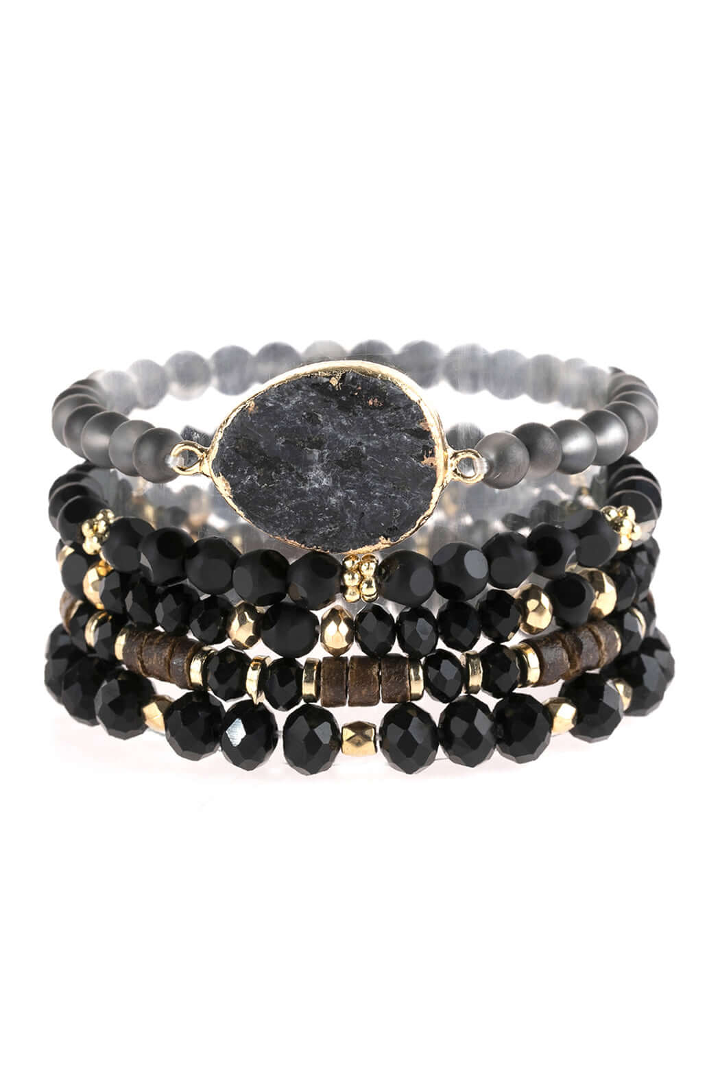 Stylish Natural Stone Charm Mixed Beads Bracelets stacked with gold accents and various black beads.