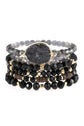 Stylish Natural Stone Charm Mixed Beads Bracelets stacked with gold accents and various black beads.
