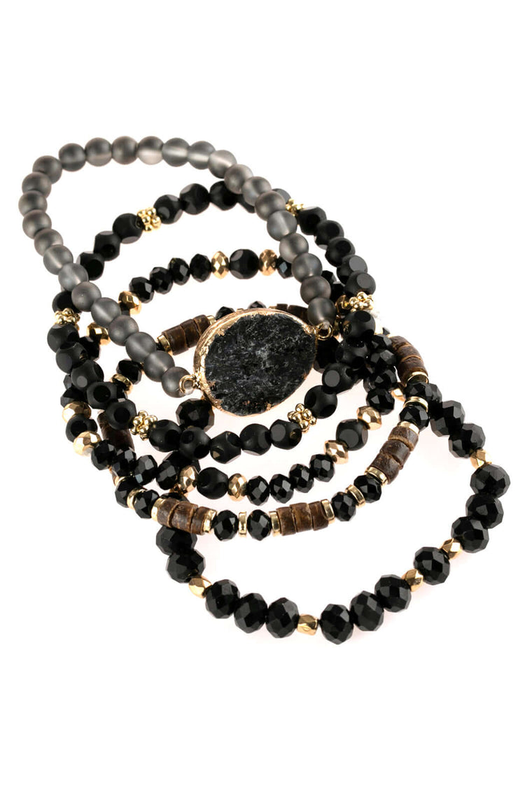 Natural Stone Charm Mixed Beads Bracelets in black and gold, featuring intricate designs and stretchable fit.