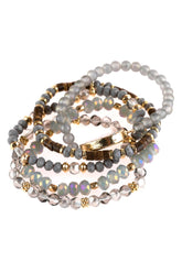 Natural stone charm mixed beads bracelets set with ornate etching and gold accents, perfect for stacking.
