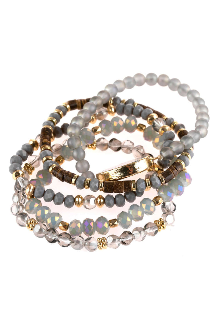 Natural stone charm mixed beads bracelets set with ornate etching and gold accents, perfect for stacking.