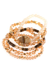 Stack of Natural Stone Charm Mixed Beads Bracelets featuring ornate etching and stretchable design.