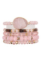 Natural stone and glass bead mixed charm bracelets in soft pink tones, featuring gold accents and stretchable design.