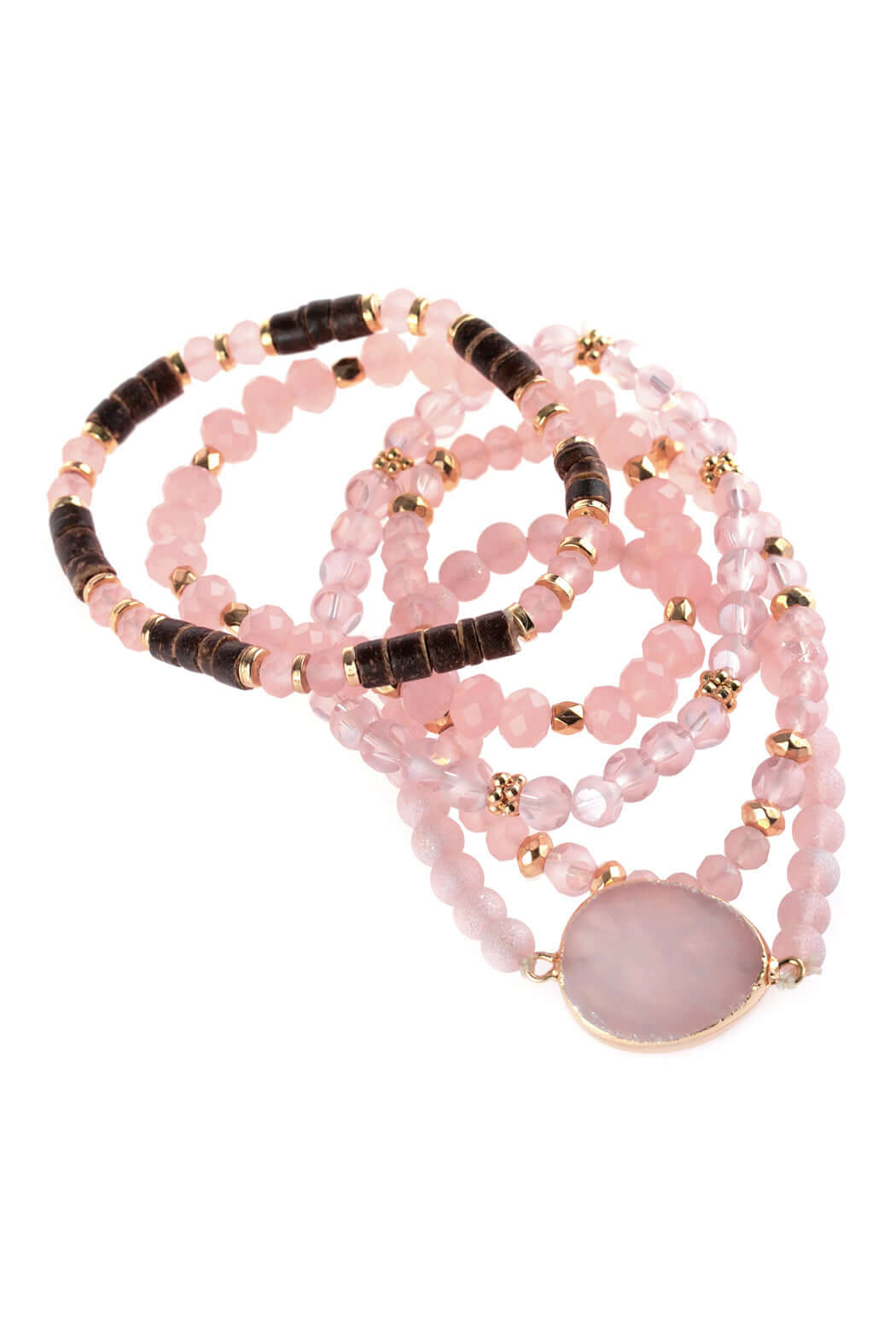 Natural stone charm mixed beads bracelets featuring pink glass and base metal accents, elegantly stacked.