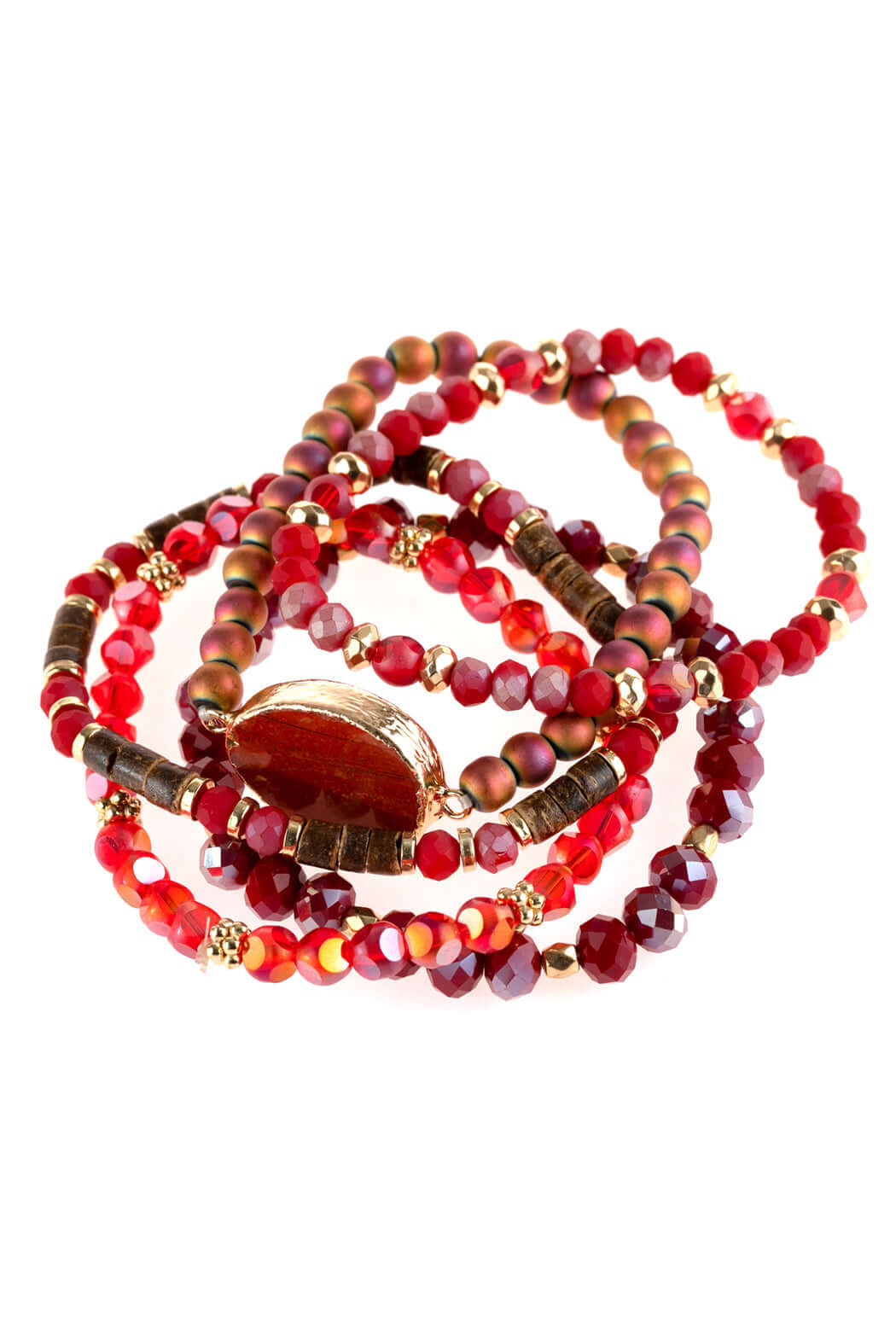 Natural stone charm mixed beads bracelets in vibrant red tones with intricate details and charms, stretchable design.
