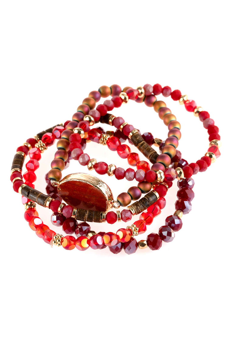 Natural stone charm mixed beads bracelets in vibrant red tones with intricate details and charms, stretchable design.